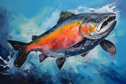 Naklejki Colorful painting of Chinook salmon fish swimming in the strong current of blue, fresh, river water