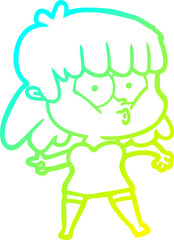 cold gradient line drawing of a cartoon whistling girl