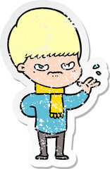 distressed sticker of a annoyed cartoon boy