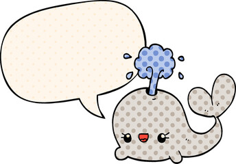 cute cartoon whale with speech bubble in comic book style