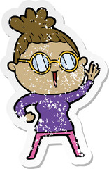 distressed sticker of a cartoon woman wearing spectacles