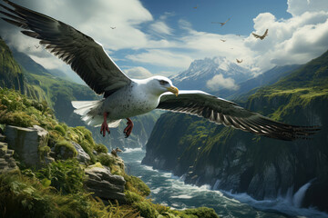 Albatross flying over the ocean cliffs. Generative AI. - Powered by Adobe