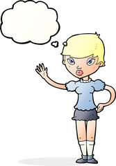 cartoon woman waving with thought bubble