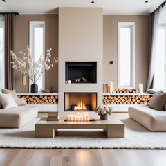  Cozy, luxurious and empty modern living room with two beige textile sofas on the hairy carpet