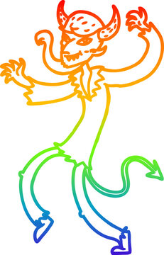rainbow gradient line drawing of a cartoon dancing devil