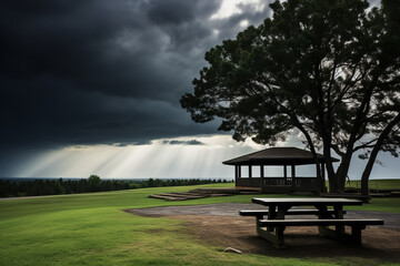 Dark clouds loom over a deserted picnic area - signaling disrupted plans and impending rain - marking a dramatic shift in outdoor weather.