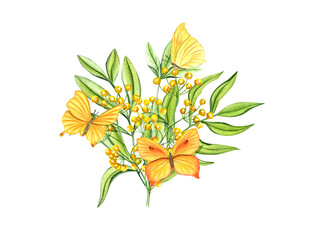 Spring bouquet with yellow flowers and green branches of leaves. Yellow butterflies fluttering around transparent plant. Watercolor illustration. For Valentines day, mothers day cards