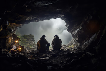 Hikers find safety in a cave during a mountain storm - balancing adventure with the need for shelter against the wild weather. - obrazy, fototapety, plakaty