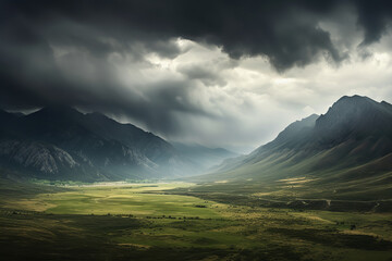 Dark storm clouds ominously gather over a mountain range - signaling an impending storm with dramatic skies over a moody landscape. - obrazy, fototapety, plakaty