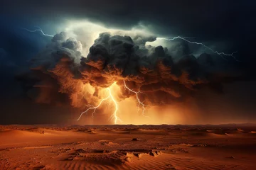 Tuinposter A desert thunderstorm - where lightning strikes meet swirling sand - showcasing the fierce clash of elements in a dramatic desert storm. © Davivd