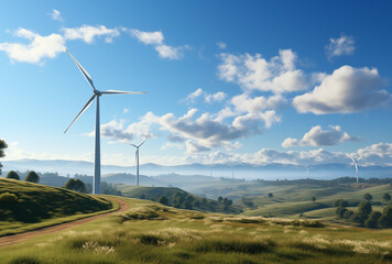 Obraz premium Wind turbines at a windfarm at a hill on sunny day.