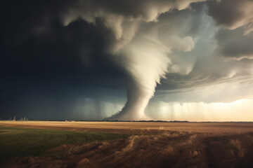 An ominous tornado funnel forming in the distance over plains - capturing the power of nature during an extreme weather event. - obrazy, fototapety, plakaty