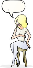 cartoon woman sitting on bar stool with speech bubble