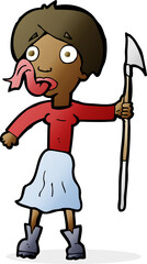 cartoon woman with spear sticking out tongue