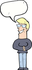 cartoon grinning man with glasses with speech bubble