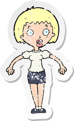 retro distressed sticker of a cartoon confused woman shrugging shoulders