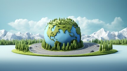 3D illustration of earth globe shape 3D highway design (city road, desert road, forest road and snowy road) included. creative concept design isolated with clouds. car ads. (compound path added).