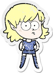 distressed sticker of a cartoon elf girl staring