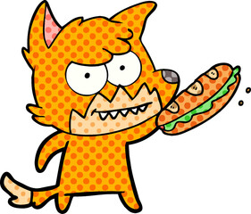 cartoon grinning fox with sandwich
