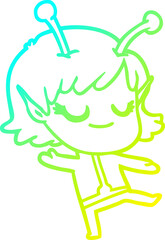 cold gradient line drawing of a smiling alien girl cartoon