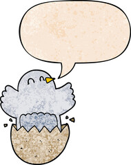 cartoon hatching chicken with speech bubble in retro texture style