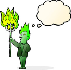 cartoon devil with pitchfork with thought bubble
