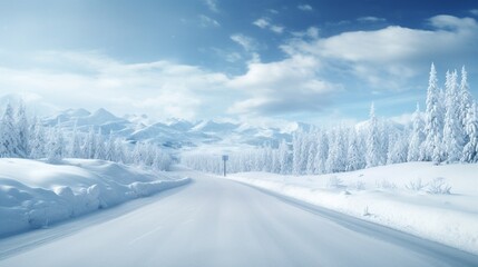 Fototapeta na wymiar 3d illustration of snowy road advertisement. snow road with mountains isolated. Travel and vacation background.