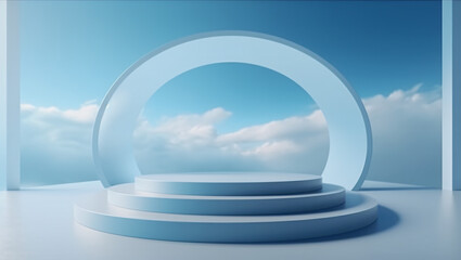 Empty blue 3D podium stage mockup with clouds blue sky background for place product advertising.