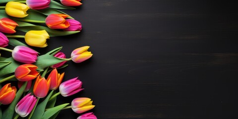 spring colorful tulips frame on dark background - obrazy, fototapety, plakaty