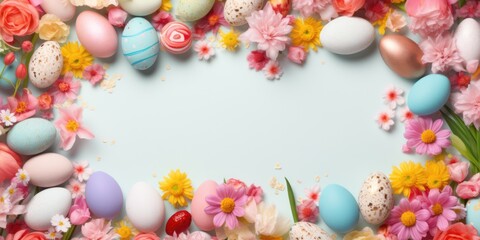 Naklejka na ściany i meble colored easter eggs decoration frame on bright background copy space