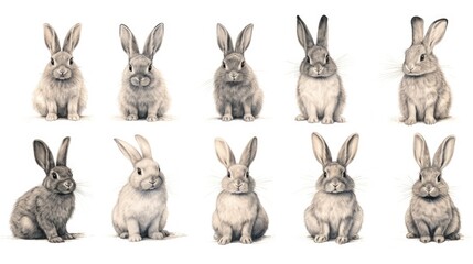 set collection of drawn easter rabbit bunnies isolated on white