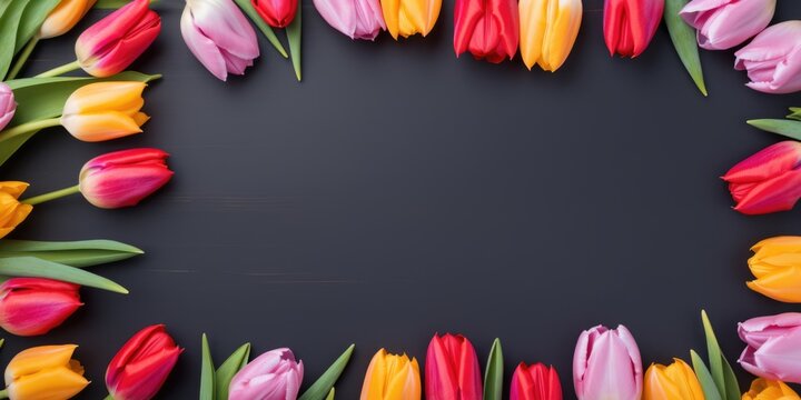 spring colorful tulips frame on dark background