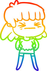 rainbow gradient line drawing of a cartoon angry girl