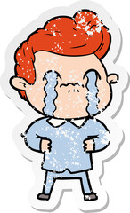 distressed sticker of a cartoon man crying