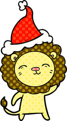 hand drawn comic book style illustration of a lion wearing santa hat