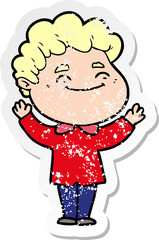 distressed sticker of a cartoon friendly man
