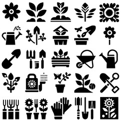 A set of 25 black and white monochromatic flat icons in the style of Flaticon, arranged in a 4x5 grid, each representing different aspects of gardening