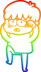 rainbow gradient line drawing of a cartoon exhausted boy