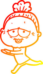 warm gradient line drawing of a cartoon happy old lady