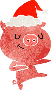 happy hand drawn retro cartoon of a pig dancing wearing santa hat