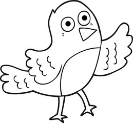 freehand drawn black and white cartoon bird