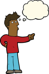 cartoon curious man pointing with thought bubble