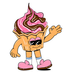 Cute cupcake character in retro cartoon style. Vector illustration of a sweets mascot with a cheerful face, arms, legs.