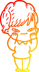 warm gradient line drawing of a cartoon happy woman