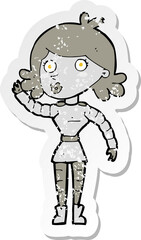 retro distressed sticker of a cartoon robot woman waving