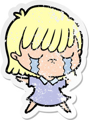 distressed sticker of a cartoon woman crying