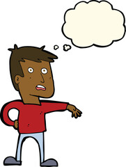 cartoon man making camp gesture with thought bubble