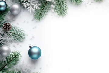 Fototapeta na wymiar Frame of Christmas balls and pine branches on a frozen white background
