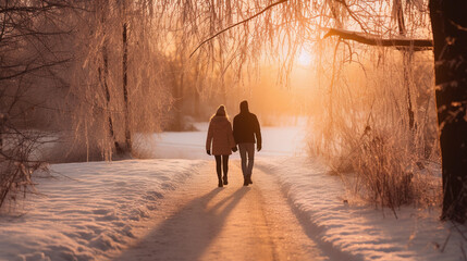Couple's Winter Walk at Sunset in Snowy Park