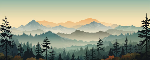 Beautiful panoramic mountain landscape. Stunning mountains in the fog with amazing silhouettes of forests and trees. Wonderful landscape to print. Vector illustration for postcard, poster, banner. - obrazy, fototapety, plakaty